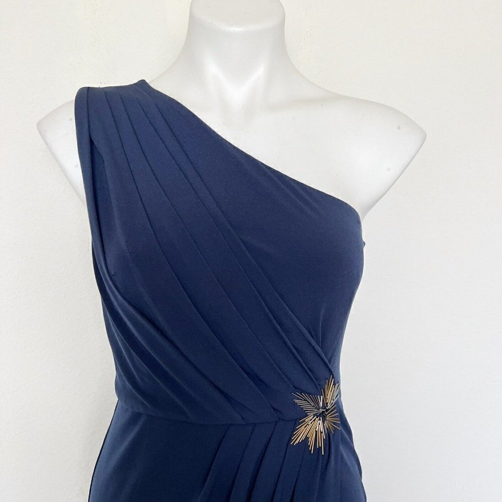 Max and Cleo Navy Blue One Shoulder Ruffle Cocktail Wedding Guest Dress Size 4 - Picture 4 of 14